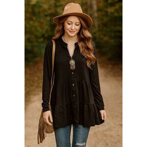 Wonderly  Tiered Button Front Tunic Top Small Black Boho Casual Blouse